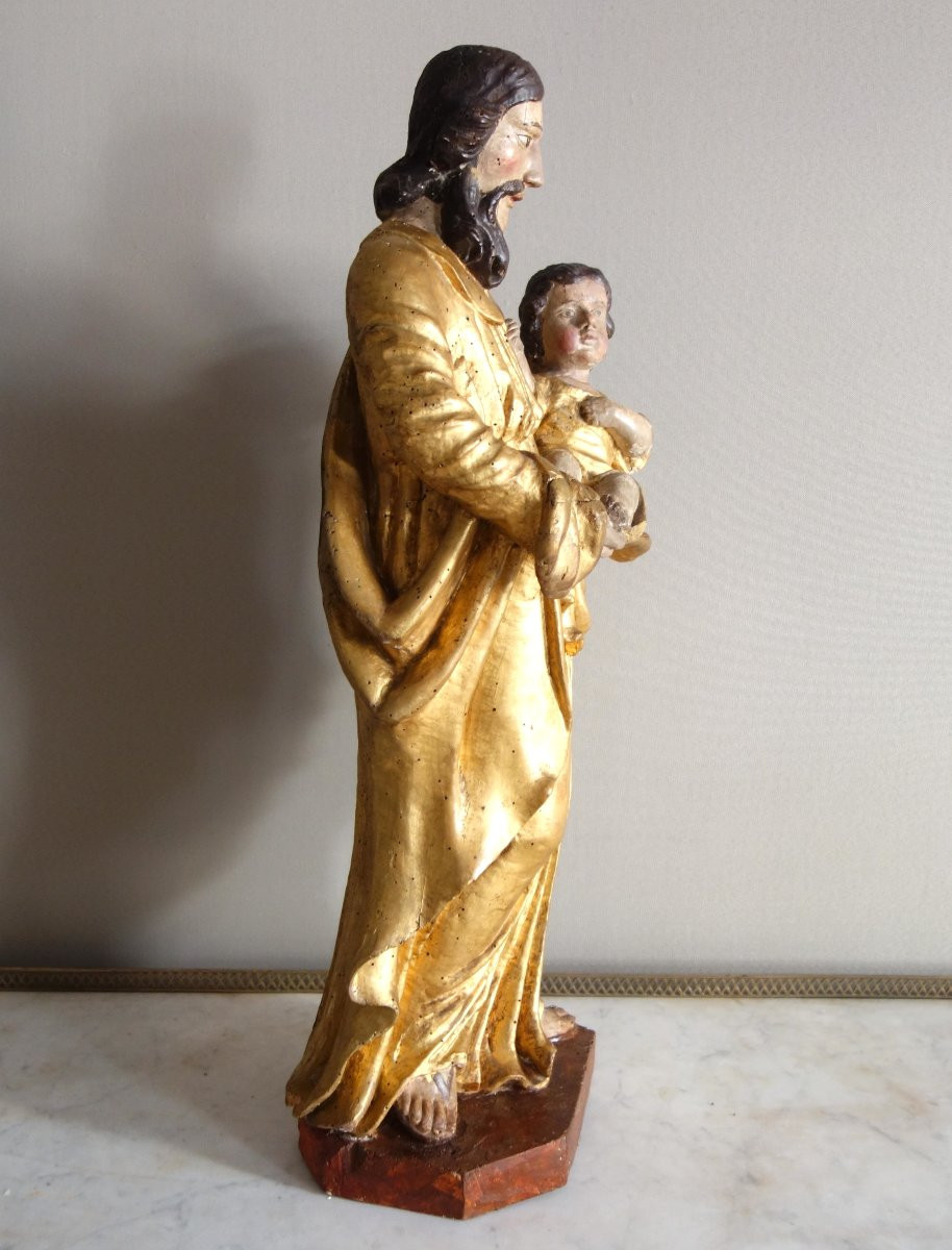 Saint Joseph And The Infant Jesus : Gilded Wood Statue - Alsace 17th Century - 72cm-photo-3