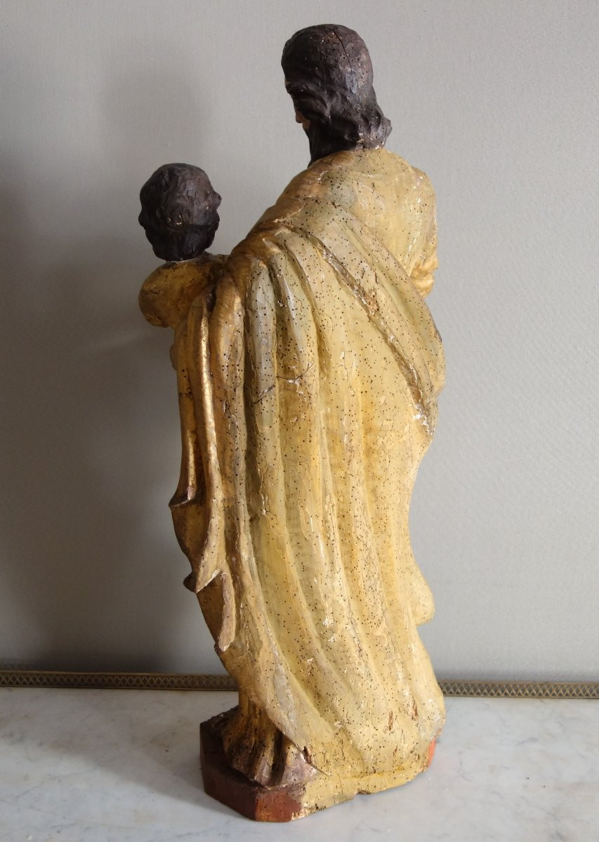 Saint Joseph And The Infant Jesus : Gilded Wood Statue - Alsace 17th Century - 72cm-photo-5