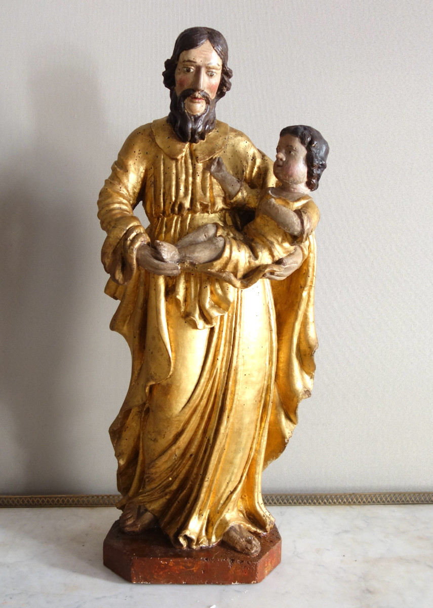 Saint Joseph And The Infant Jesus : Gilded Wood Statue - Alsace 17th Century - 72cm