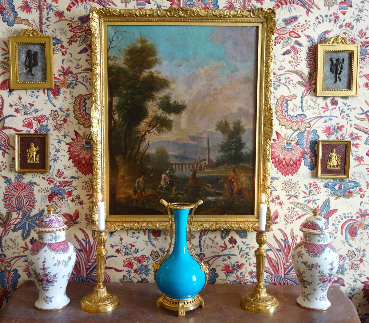 Souvenirs Du Grand Tour - Pair Of Miniature Paintings In Bronze, Faux Marble And Gilded Wood-photo-7