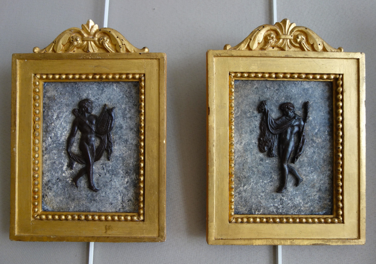 Souvenirs Du Grand Tour - Pair Of Miniature Paintings In Bronze, Faux Marble And Gilded Wood