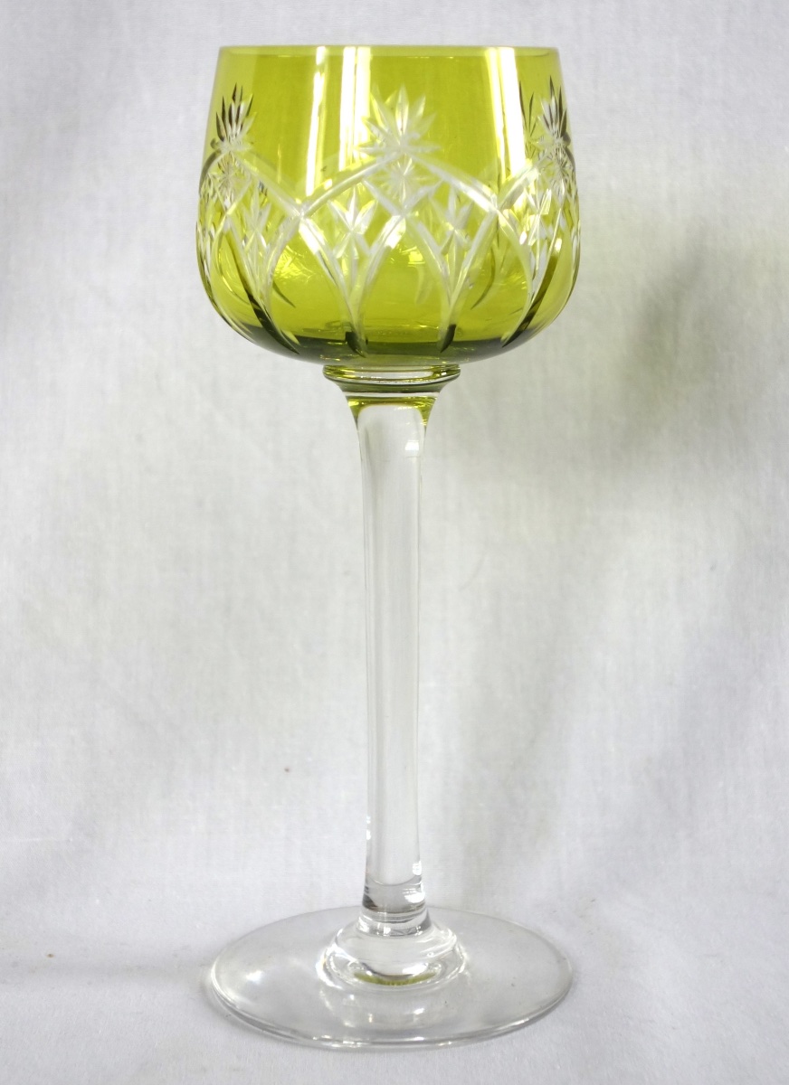 Baccarat: Suite Of 6 Roemers Rhine Wine Glasses In Moss Green / Chartreuse Overlay Crystal-photo-2