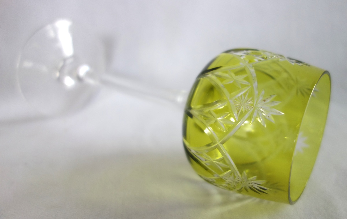 Baccarat: Suite Of 6 Roemers Rhine Wine Glasses In Moss Green / Chartreuse Overlay Crystal-photo-1