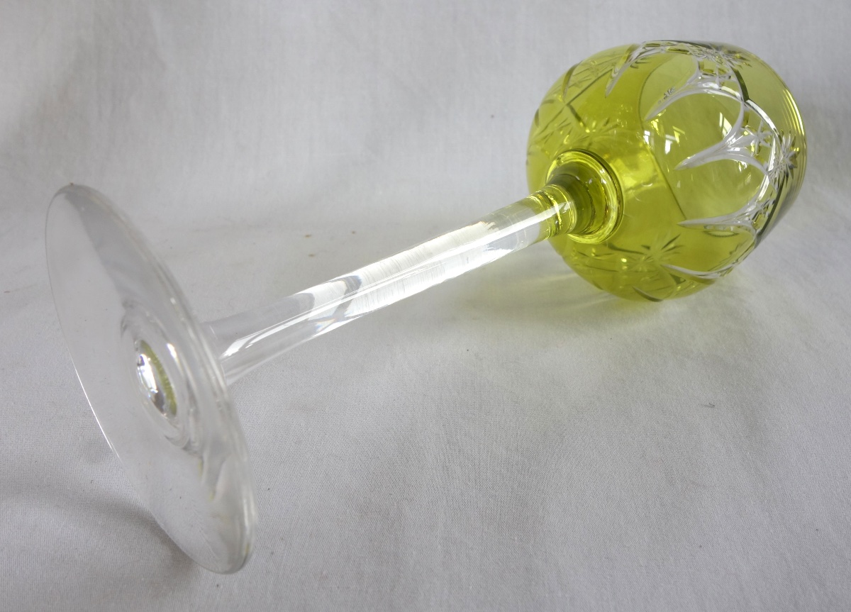 Baccarat: Suite Of 6 Roemers Rhine Wine Glasses In Moss Green / Chartreuse Overlay Crystal-photo-2