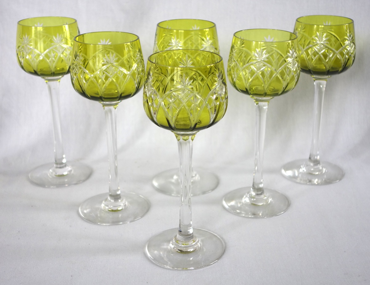 Baccarat: Suite Of 6 Roemers Rhine Wine Glasses In Moss Green / Chartreuse Overlay Crystal
