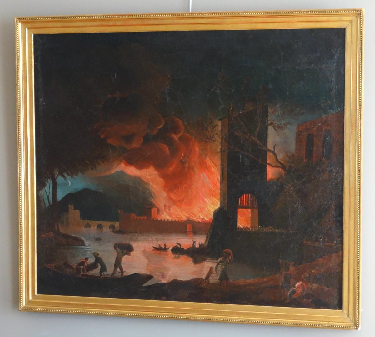 Large Oil On Canvas, Souvenir Of The Grand Tour - Fire In A City By Night - 127x109cm-photo-2
