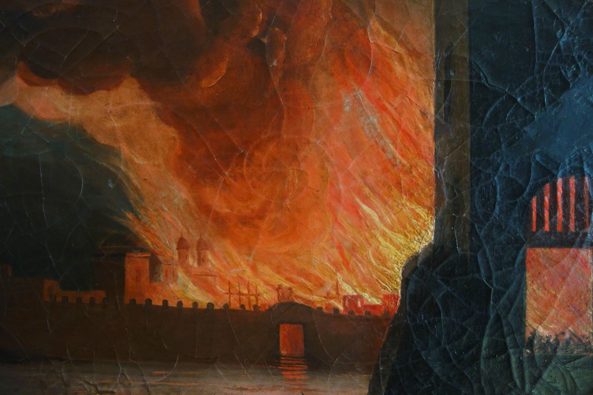 Large Oil On Canvas, Souvenir Of The Grand Tour - Fire In A City By Night - 127x109cm-photo-3
