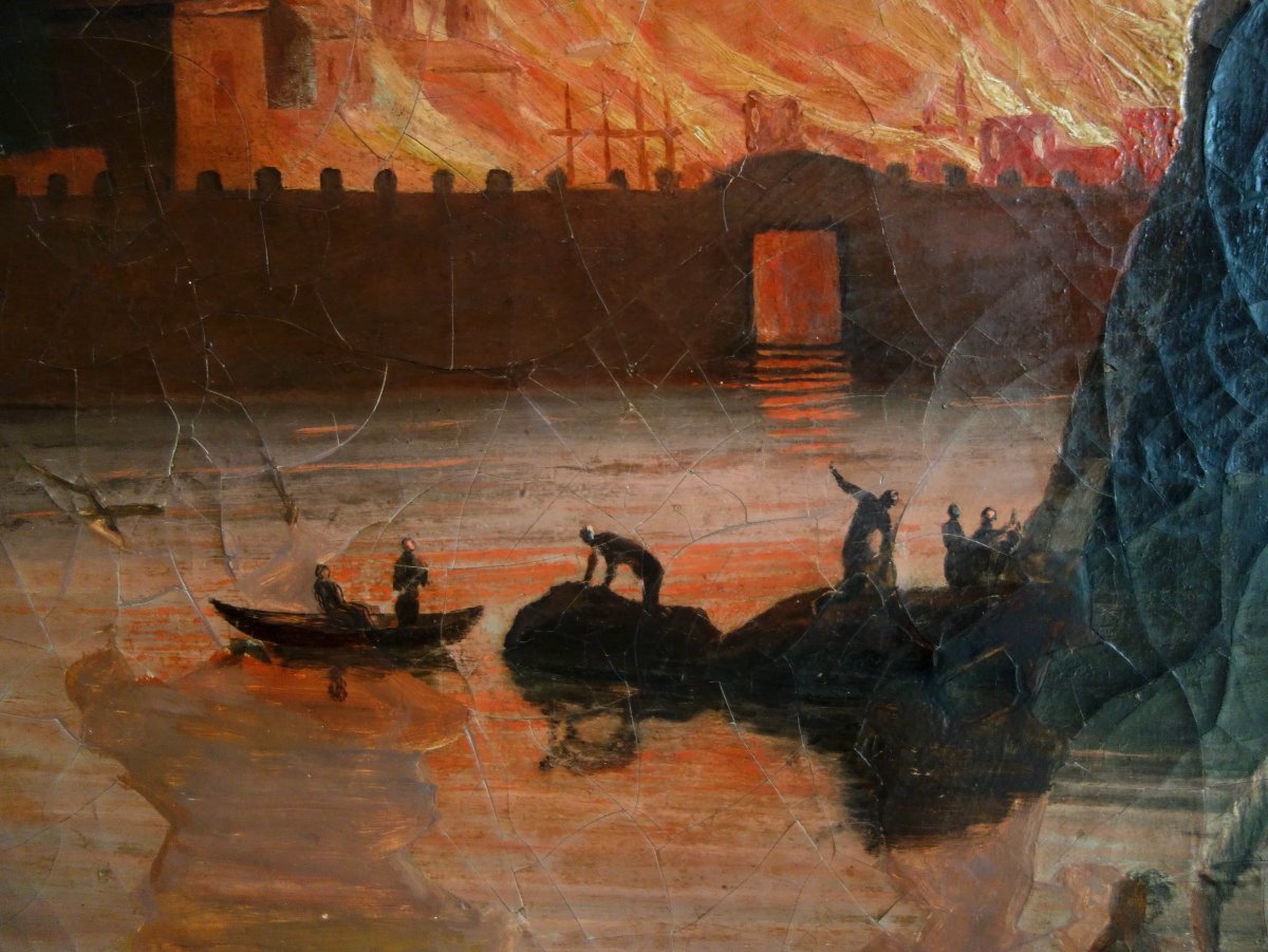 Large Oil On Canvas, Souvenir Of The Grand Tour - Fire In A City By Night - 127x109cm-photo-4
