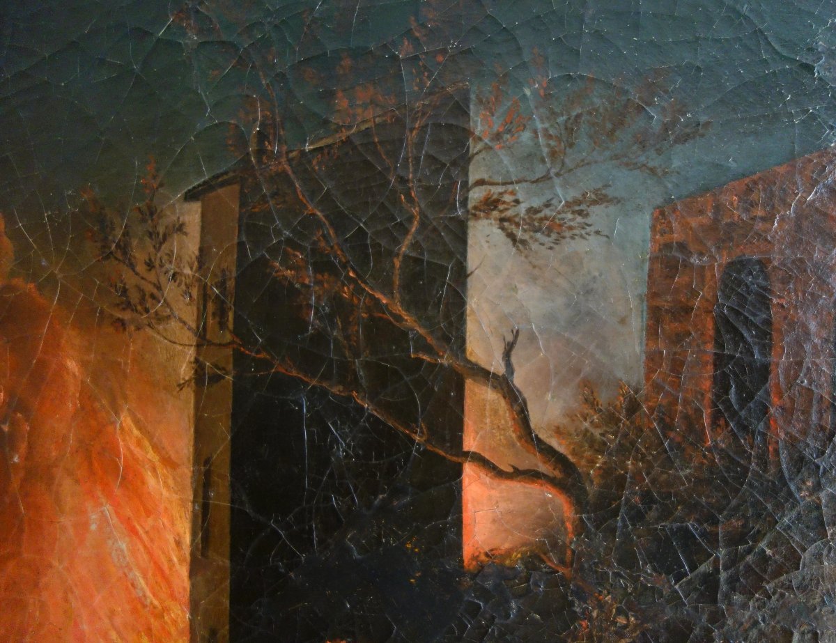Large Oil On Canvas, Souvenir Of The Grand Tour - Fire In A City By Night - 127x109cm-photo-2