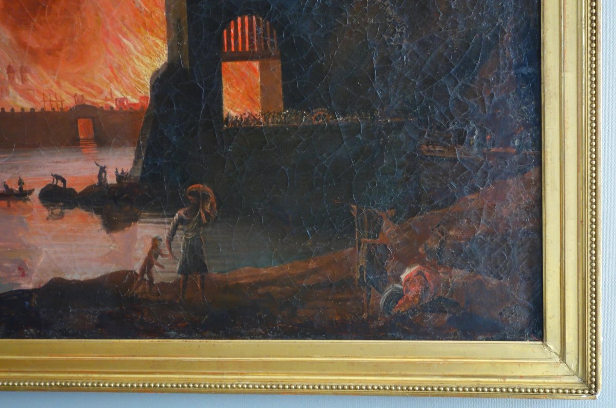 Large Oil On Canvas, Souvenir Of The Grand Tour - Fire In A City By Night - 127x109cm-photo-6