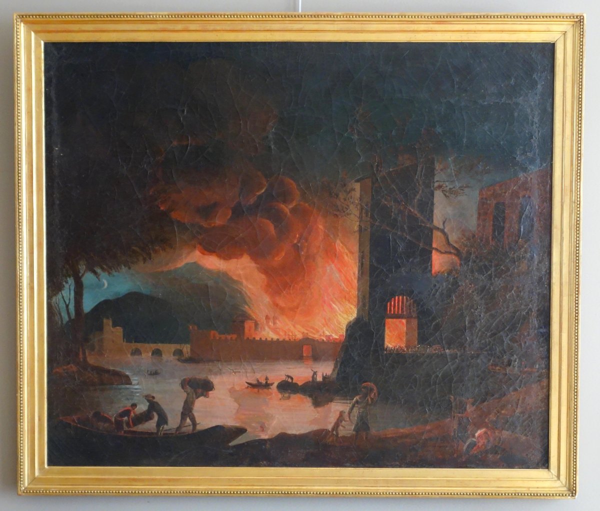 Large Oil On Canvas, Souvenir Of The Grand Tour - Fire In A City By Night - 127x109cm