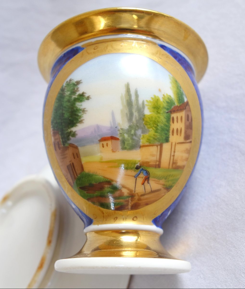 Paire de tasses Empire à paysages et fond bleu d'époque Restauration - porcelaine de Paris-photo-6