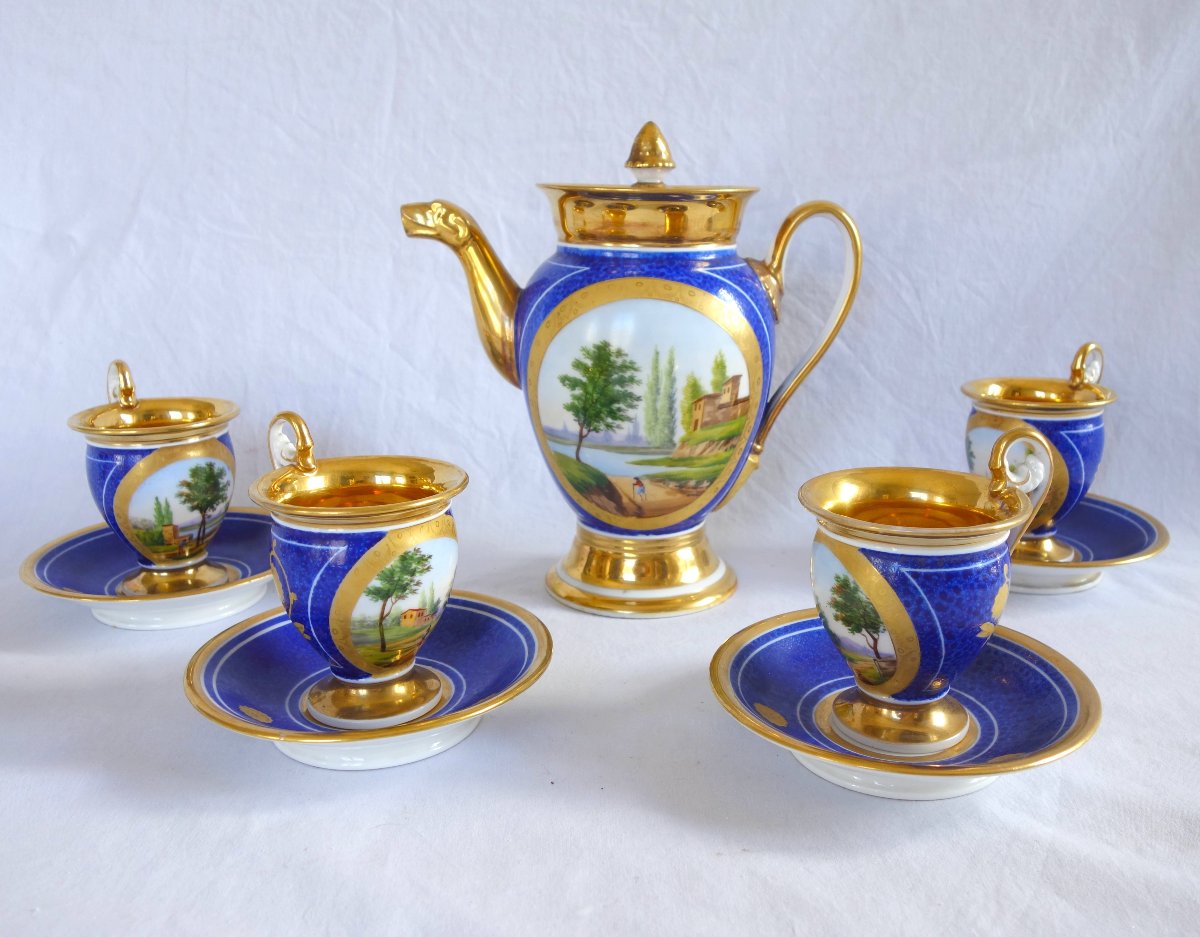 Paire de tasses Empire à paysages et fond bleu d'époque Restauration - porcelaine de Paris-photo-8
