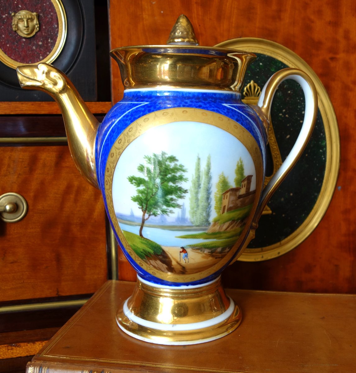 Empire Teapot / Pot With Blue And Gold Decoration In Paris Porcelain, Restoration Period