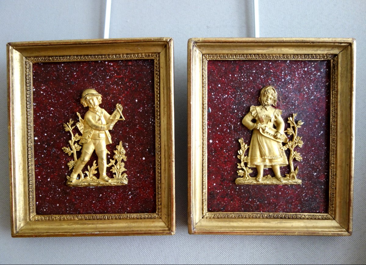 Pair Of Miniature Medallions In Gilded Bronze With Mercury On A Faux Porphyry Background - Early 19th Century-photo-2