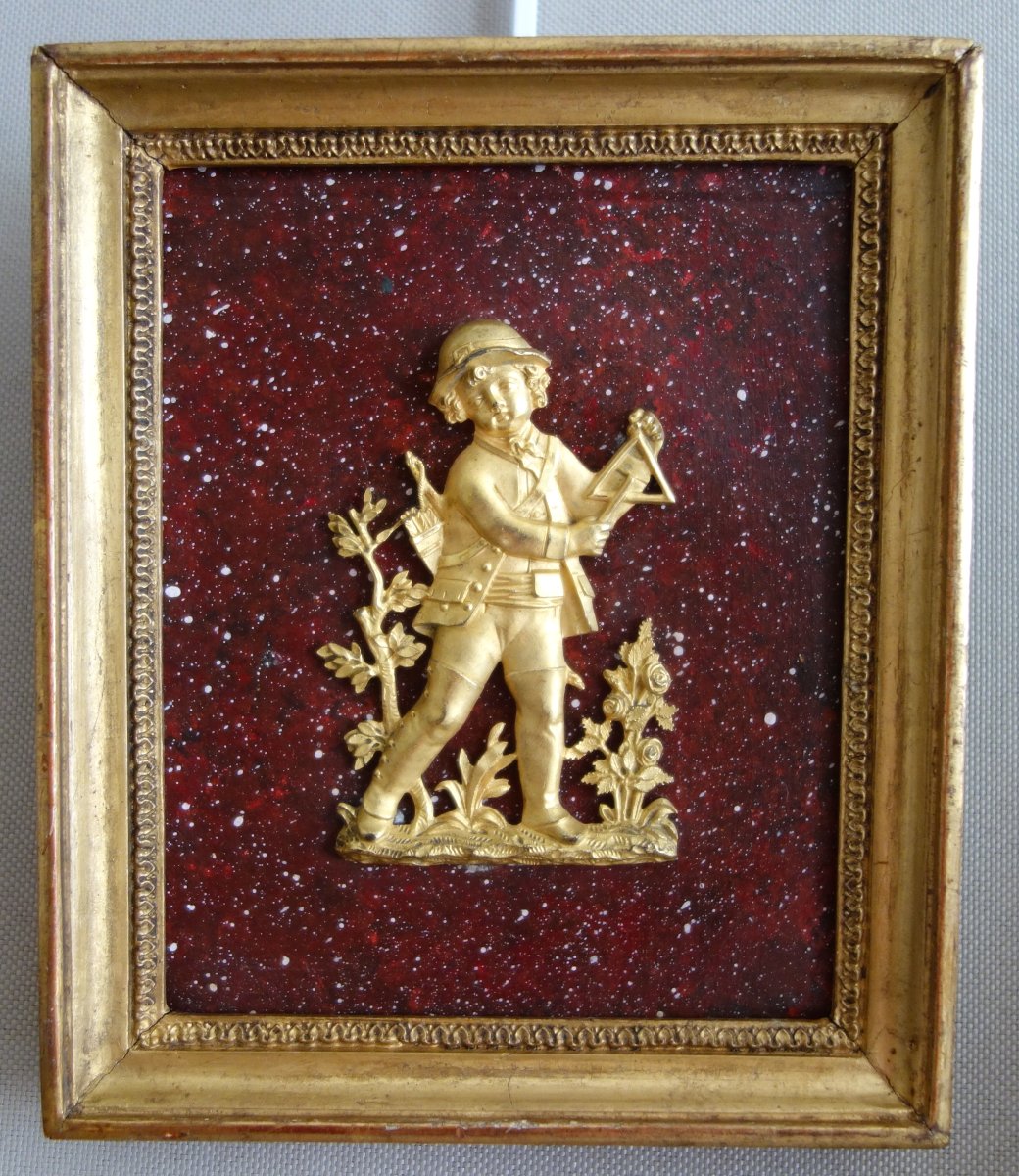 Pair Of Miniature Medallions In Gilded Bronze With Mercury On A Faux Porphyry Background - Early 19th Century-photo-3