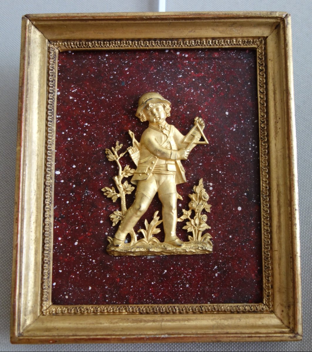 Pair Of Miniature Medallions In Gilded Bronze With Mercury On A Faux Porphyry Background - Early 19th Century-photo-4