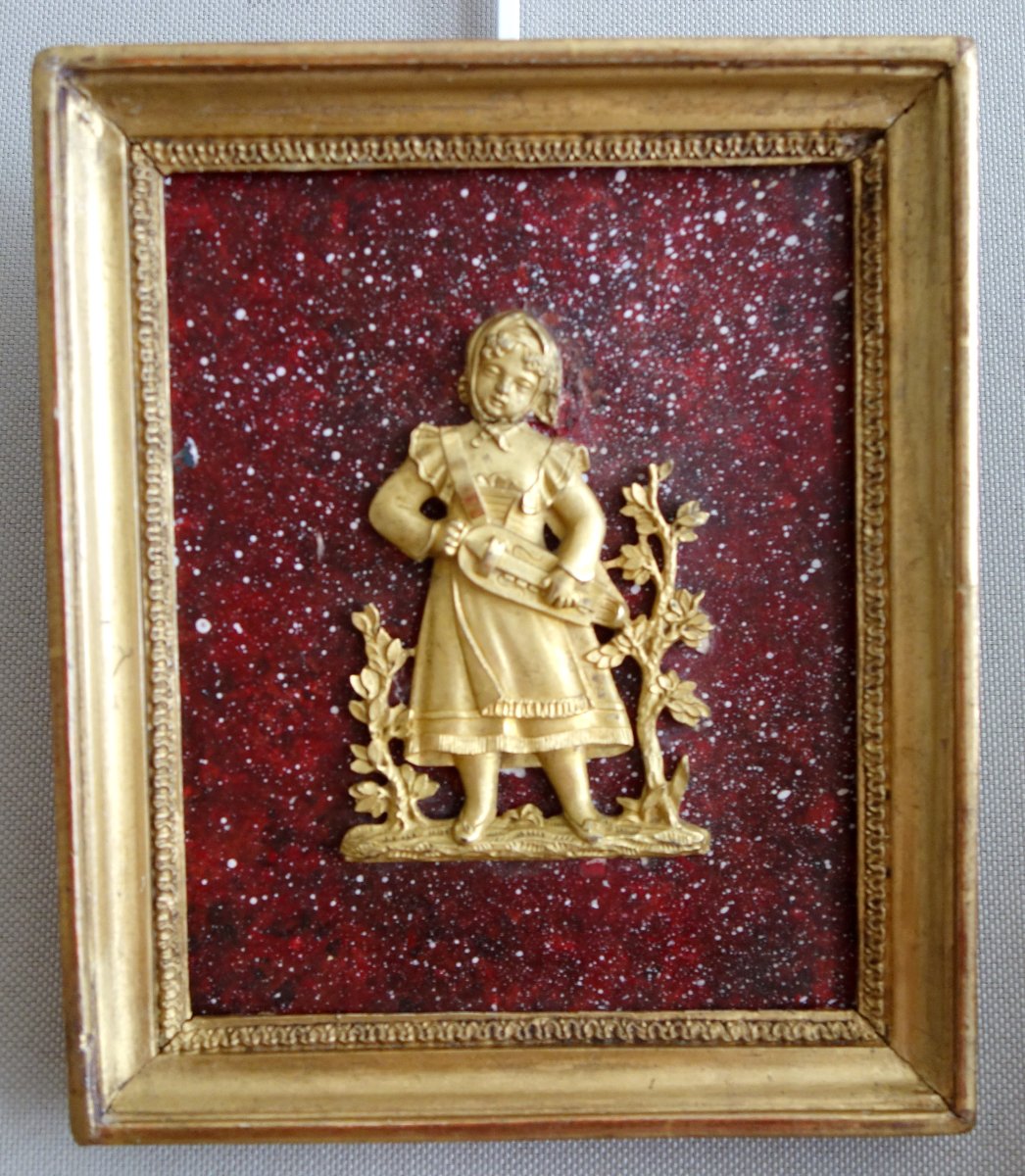 Pair Of Miniature Medallions In Gilded Bronze With Mercury On A Faux Porphyry Background - Early 19th Century-photo-2