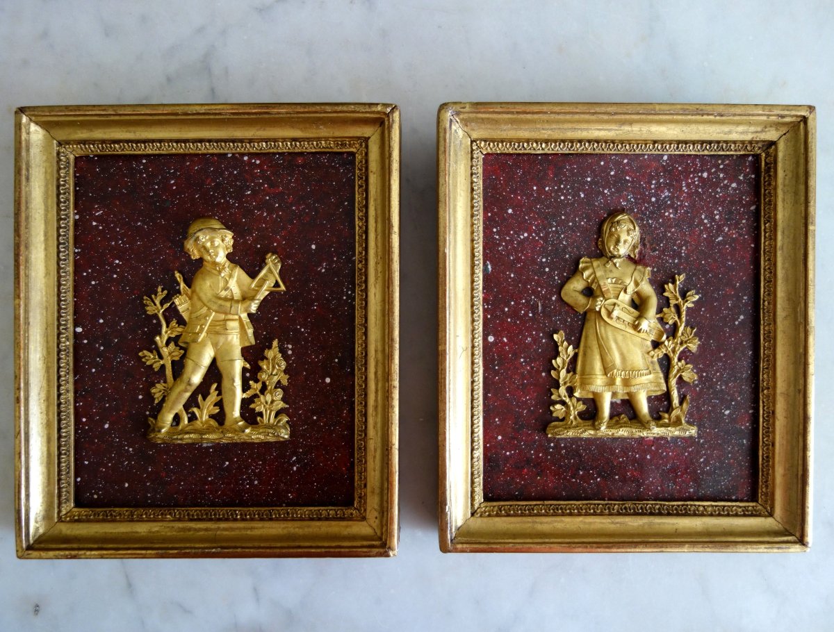 Pair Of Miniature Medallions In Gilded Bronze With Mercury On A Faux Porphyry Background - Early 19th Century