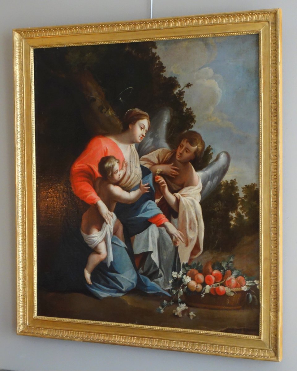 Grd tableau d'Autel 18e - La Vierge et l'Enfant servis par un ange d'après S Vouet : 110x125cm-photo-2