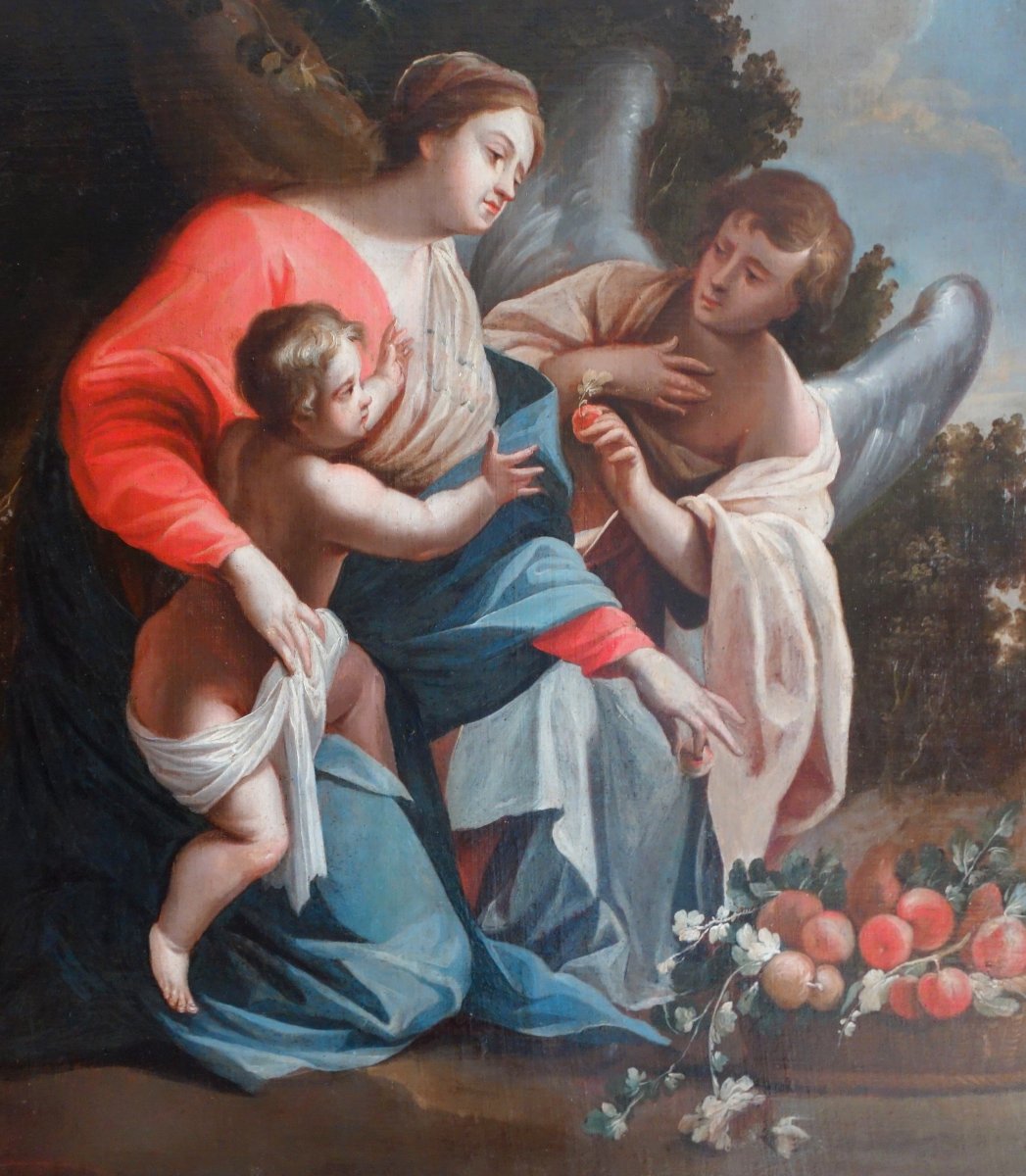 Grd tableau d'Autel 18e - La Vierge et l'Enfant servis par un ange d'après S Vouet : 110x125cm-photo-3