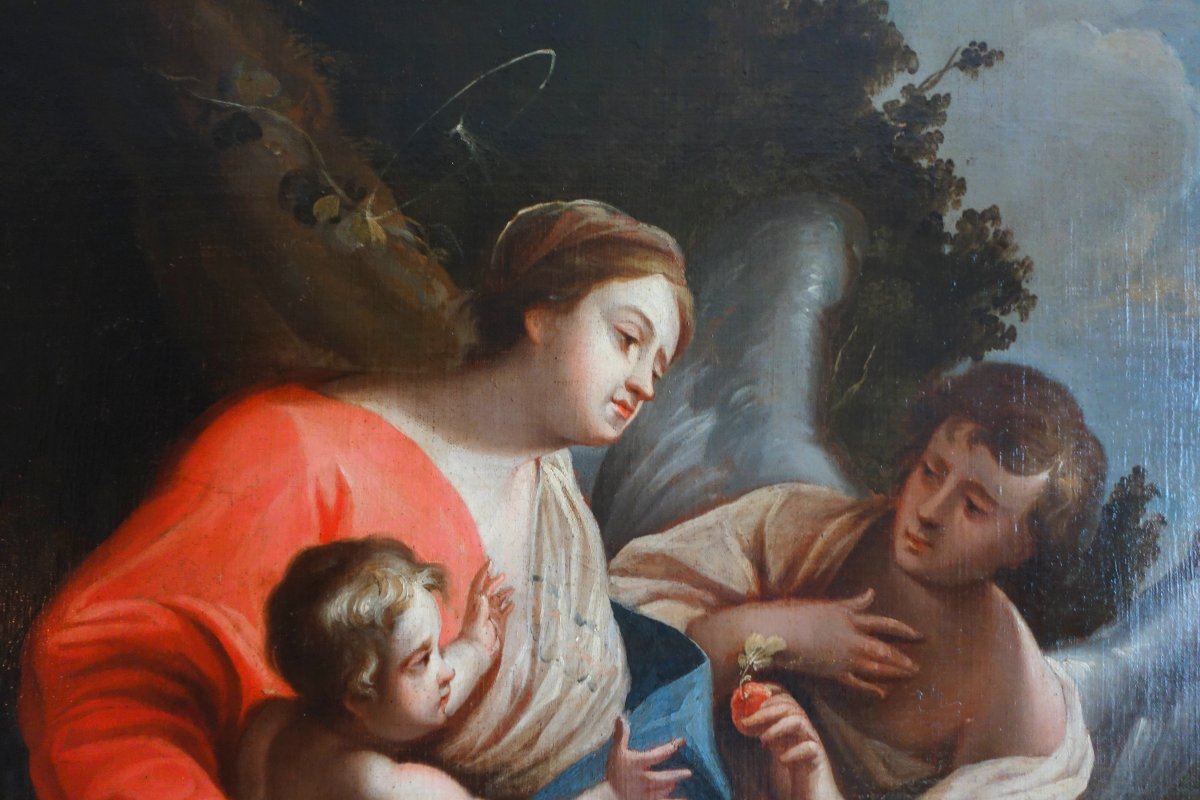 Grd tableau d'Autel 18e - La Vierge et l'Enfant servis par un ange d'après S Vouet : 110x125cm-photo-4