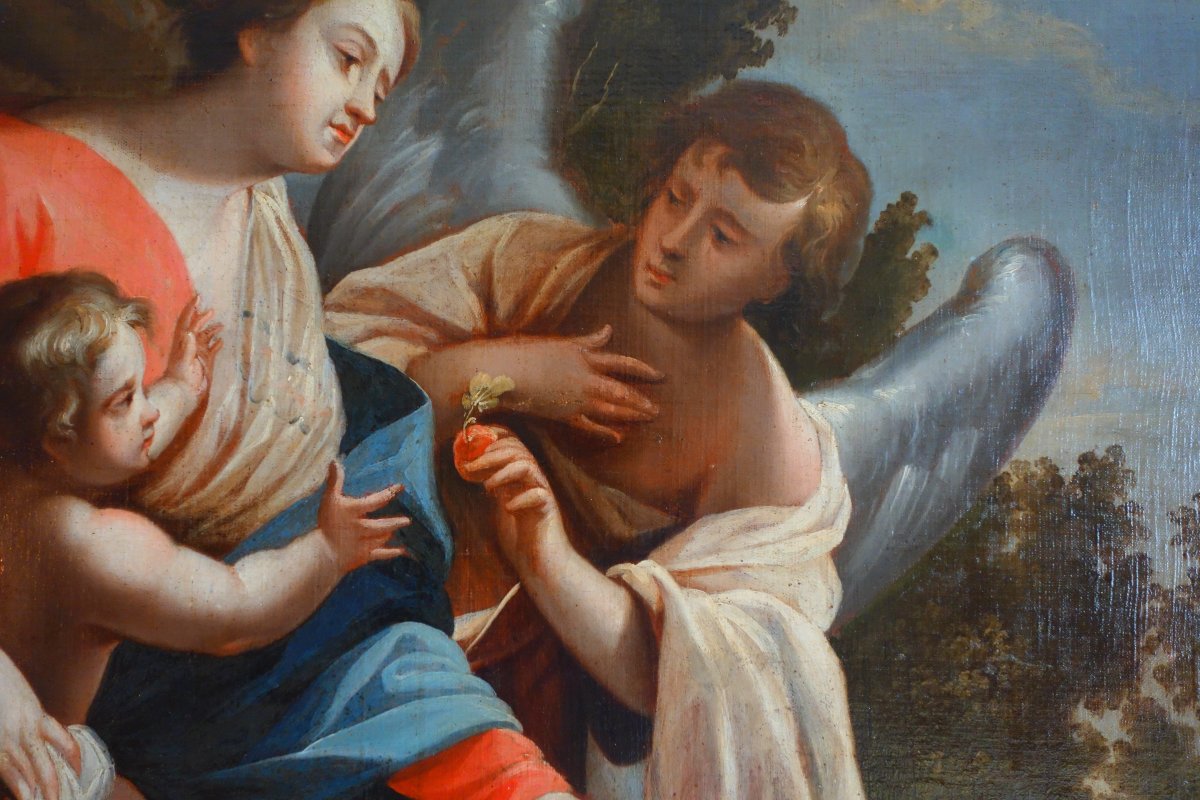 Grd tableau d'Autel 18e - La Vierge et l'Enfant servis par un ange d'après S Vouet : 110x125cm-photo-1