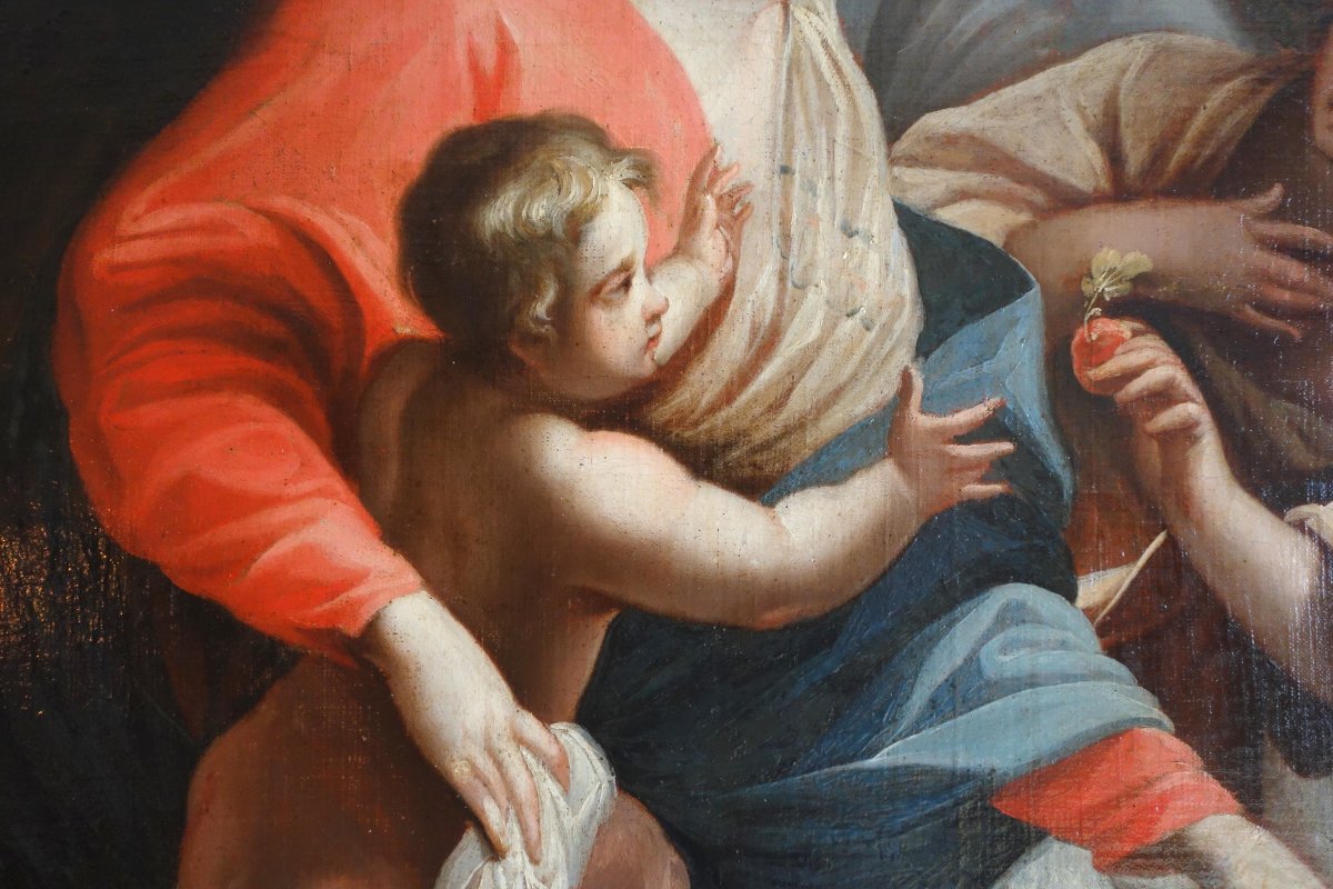 Grd tableau d'Autel 18e - La Vierge et l'Enfant servis par un ange d'après S Vouet : 110x125cm-photo-2
