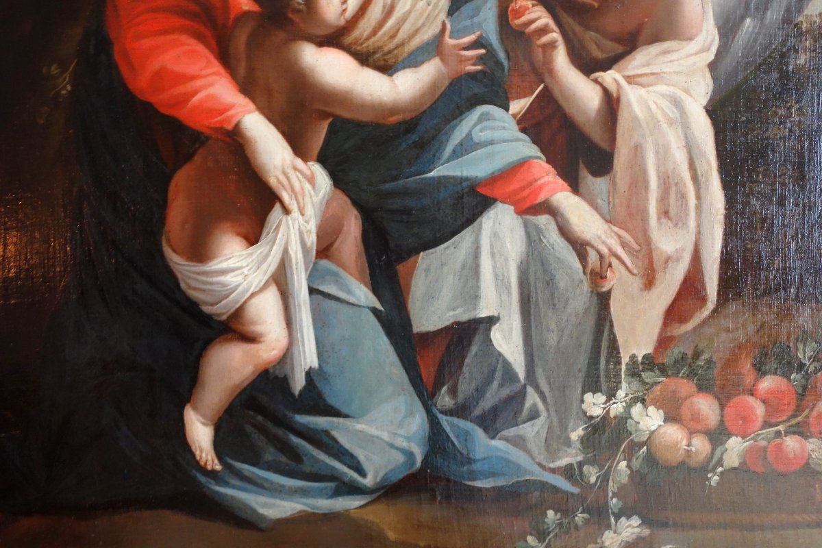 Grd tableau d'Autel 18e - La Vierge et l'Enfant servis par un ange d'après S Vouet : 110x125cm-photo-3