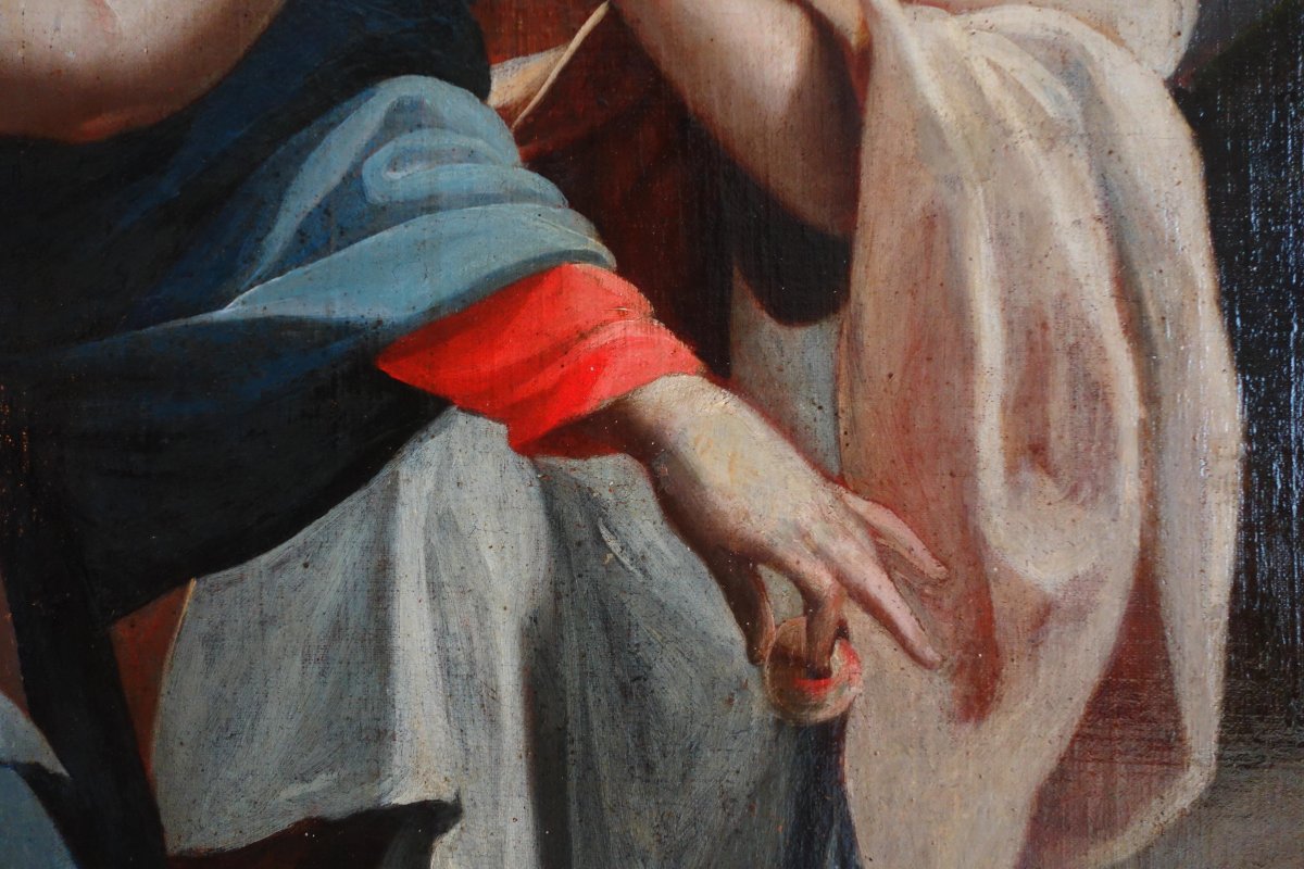 Grd tableau d'Autel 18e - La Vierge et l'Enfant servis par un ange d'après S Vouet : 110x125cm-photo-5