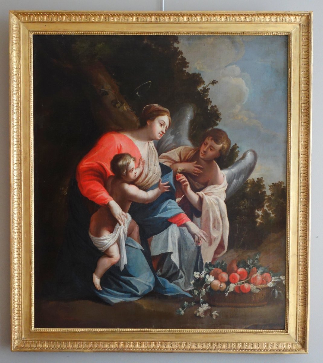 Grd tableau d'Autel 18e - La Vierge et l'Enfant servis par un ange d'après S Vouet : 110x125cm