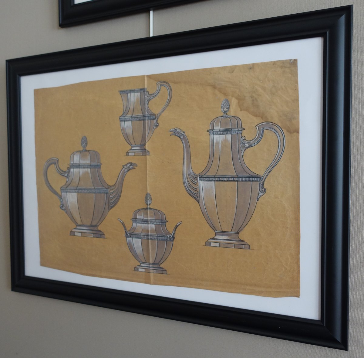 Gouache - Silversmithing Illustration: Louis XVI-style Silver Coffee Service In A Frame - 80 Cm X 58 Cm-photo-2