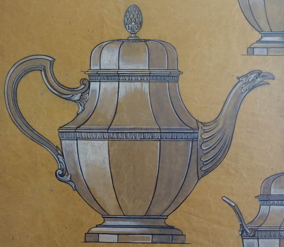 Gouache - Silversmithing Illustration: Louis XVI-style Silver Coffee Service In A Frame - 80 Cm X 58 Cm-photo-3
