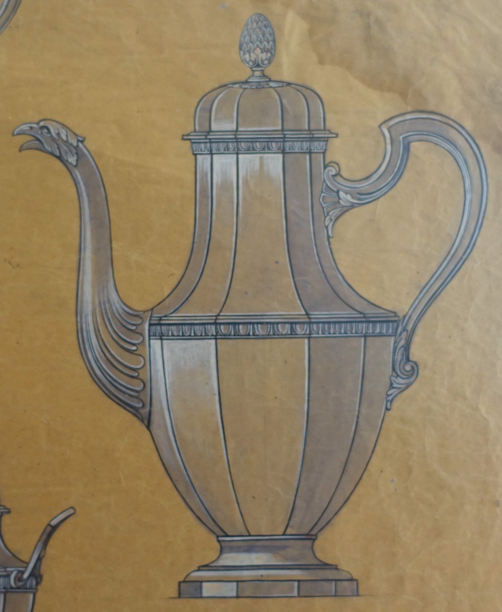 Gouache - Silversmithing Illustration: Louis XVI-style Silver Coffee Service In A Frame - 80 Cm X 58 Cm-photo-1