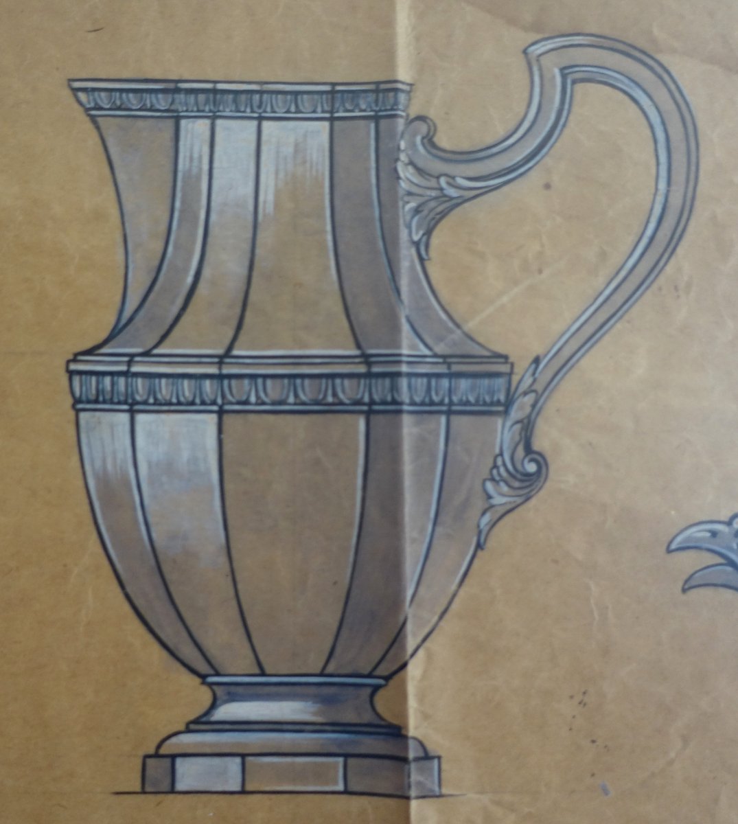 Gouache - Silversmithing Illustration: Louis XVI-style Silver Coffee Service In A Frame - 80 Cm X 58 Cm-photo-2