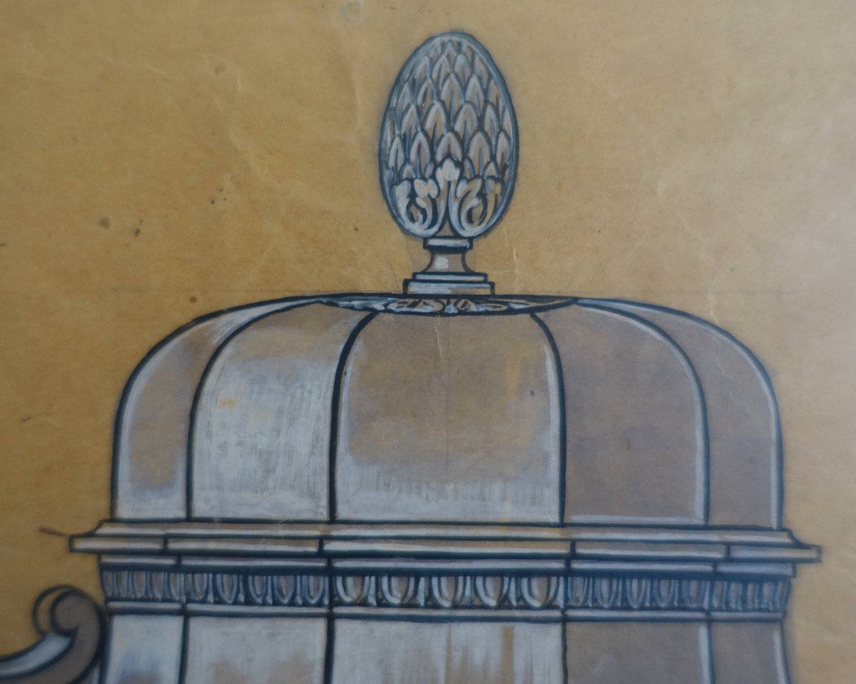 Gouache - Silversmithing Illustration: Louis XVI-style Silver Coffee Service In A Frame - 80 Cm X 58 Cm-photo-3