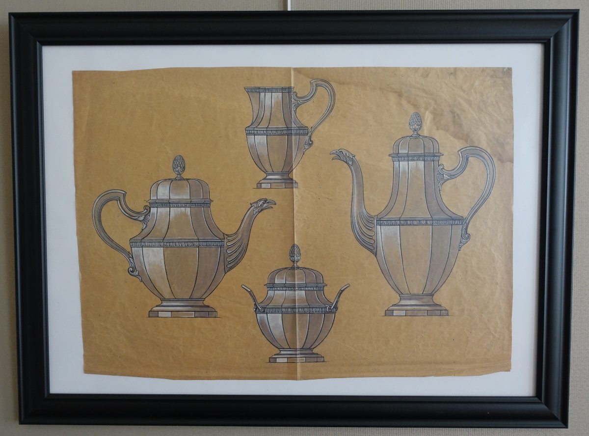 Gouache - Silversmithing Illustration: Louis XVI-style Silver Coffee Service In A Frame - 80 Cm X 58 Cm