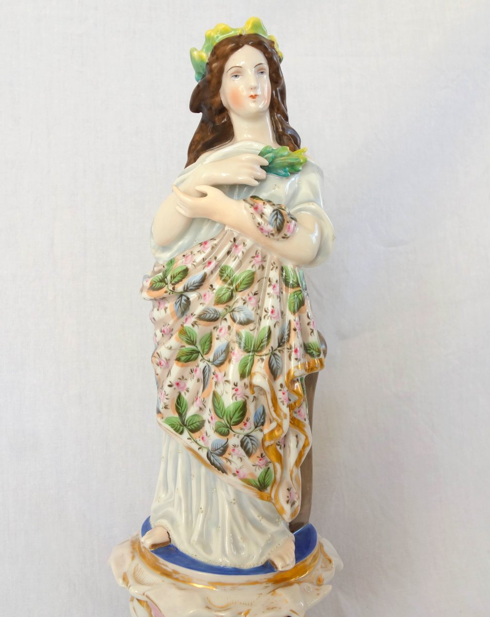 Paire de grandes statues Flore et Bachus en porcelaine de Paris polychrome et or - circa 1840-photo-2