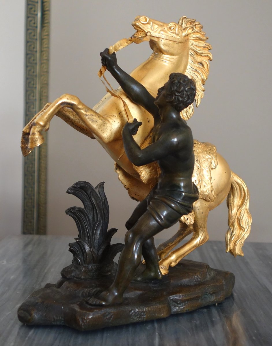 Cheval de Marly groupe en bronze patiné et doré au mercure d'époque Restauration - début 19ème-photo-2