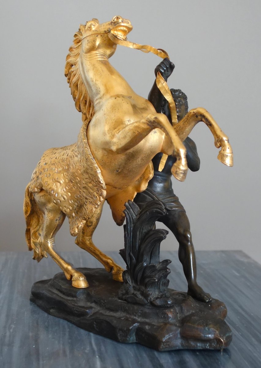 Cheval de Marly groupe en bronze patiné et doré au mercure d'époque Restauration - début 19ème-photo-3
