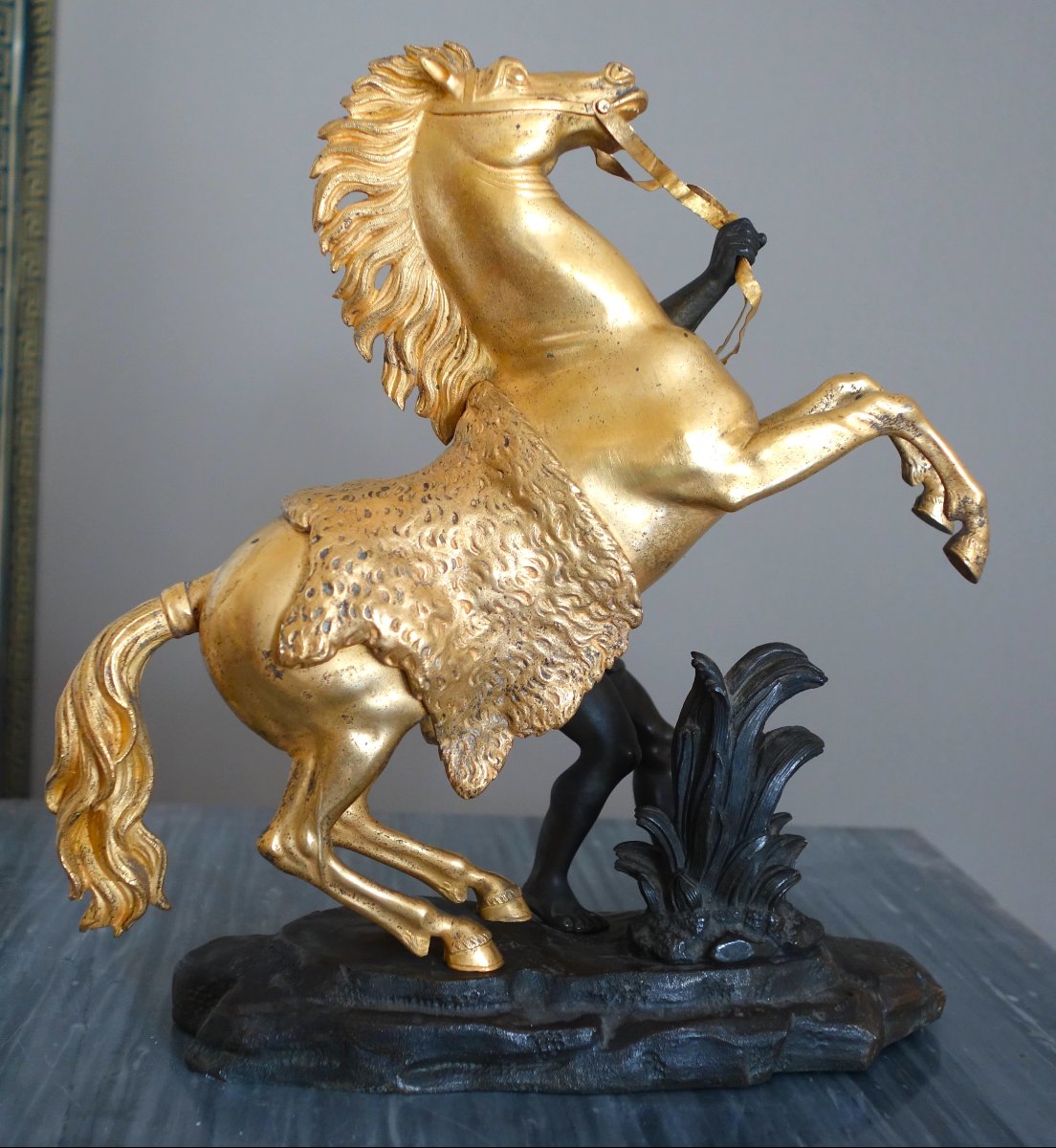 Cheval de Marly groupe en bronze patiné et doré au mercure d'époque Restauration - début 19ème-photo-1