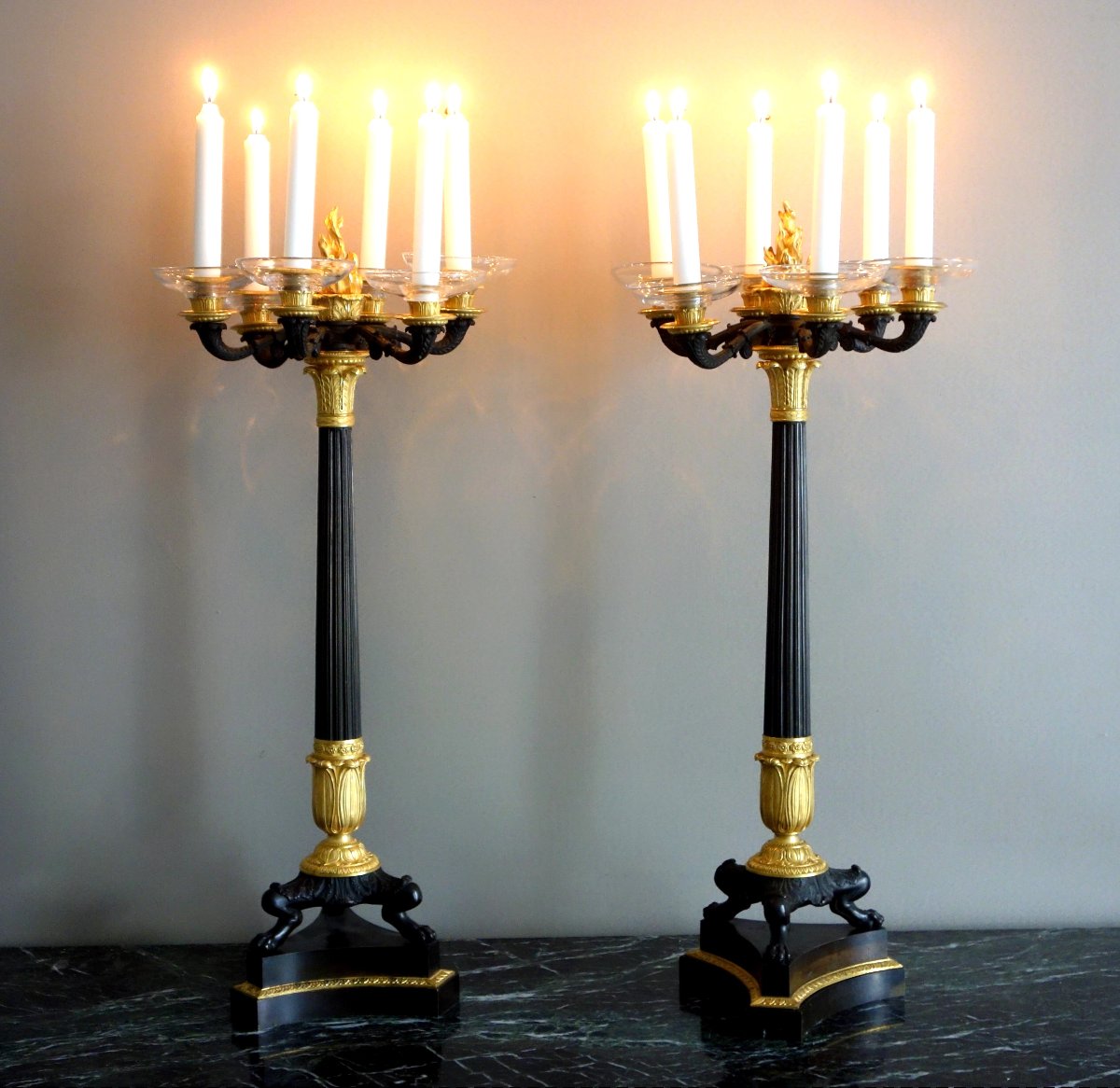 Pair Of Large 6-light Candelabras In Patinated And Mercury-gilded Bronze From The Empire And Restoration Periods-photo-2
