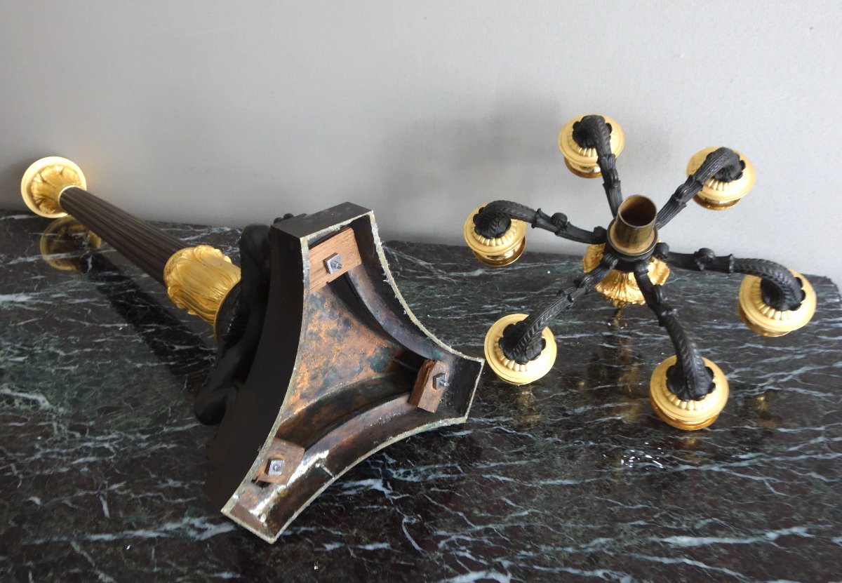 Pair Of Large 6-light Candelabras In Patinated And Mercury-gilded Bronze From The Empire And Restoration Periods-photo-5