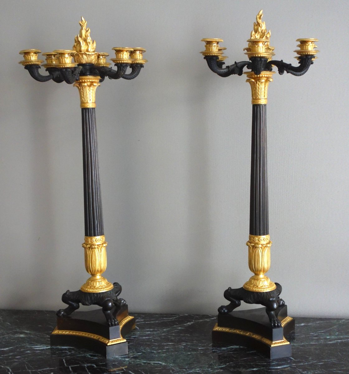 Pair Of Large 6-light Candelabras In Patinated And Mercury-gilded Bronze From The Empire And Restoration Periods