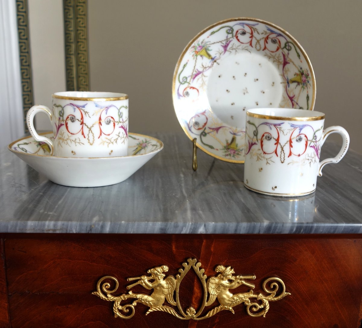 Pair Of Louis XVI Directoire-era Litron Cups With Polychrome And Gold Decoration
