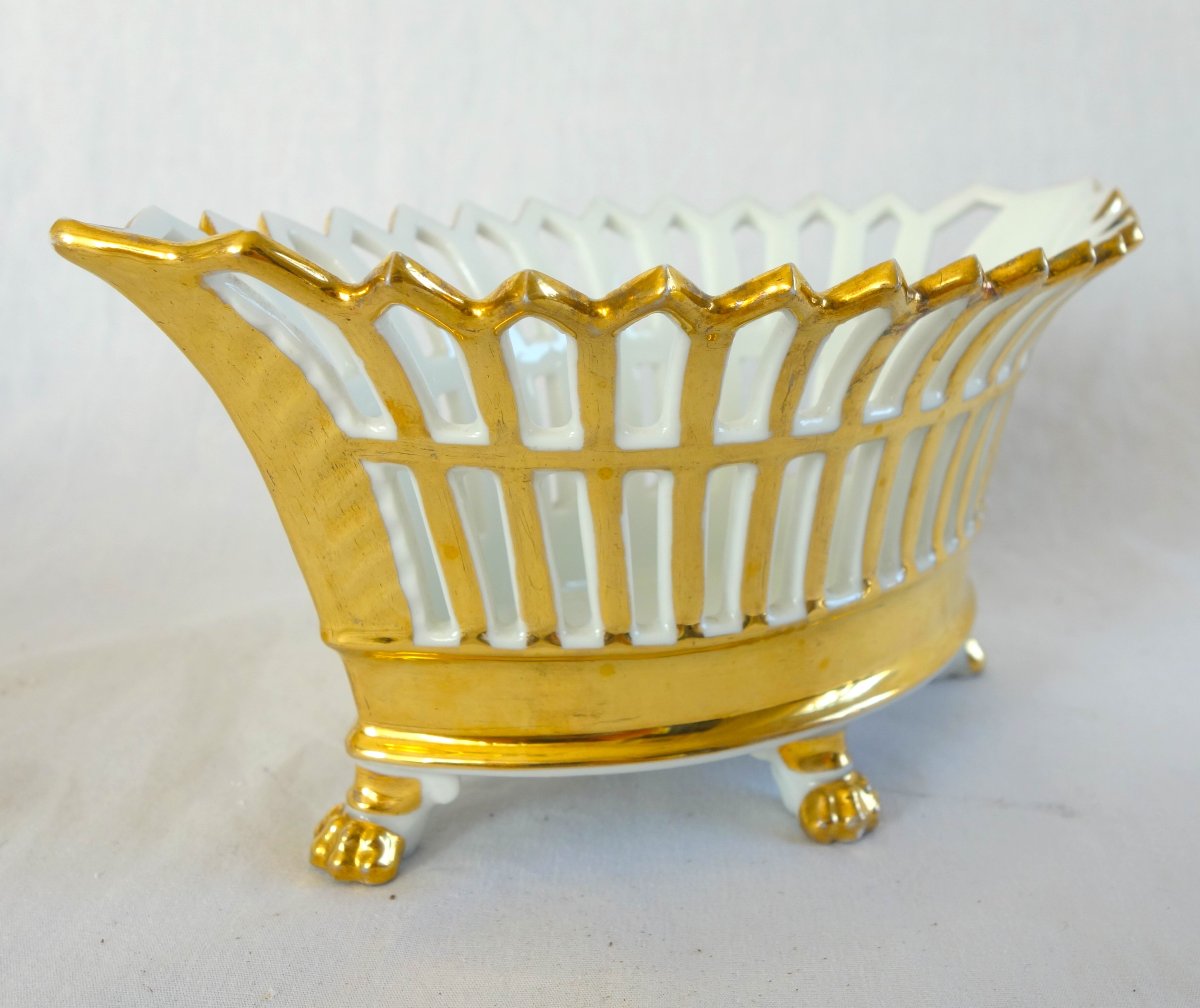 Openwork, Teardrop-shaped Bowl, Paris Porcelain Gilded With Gold, Empire/restoration Period-photo-3