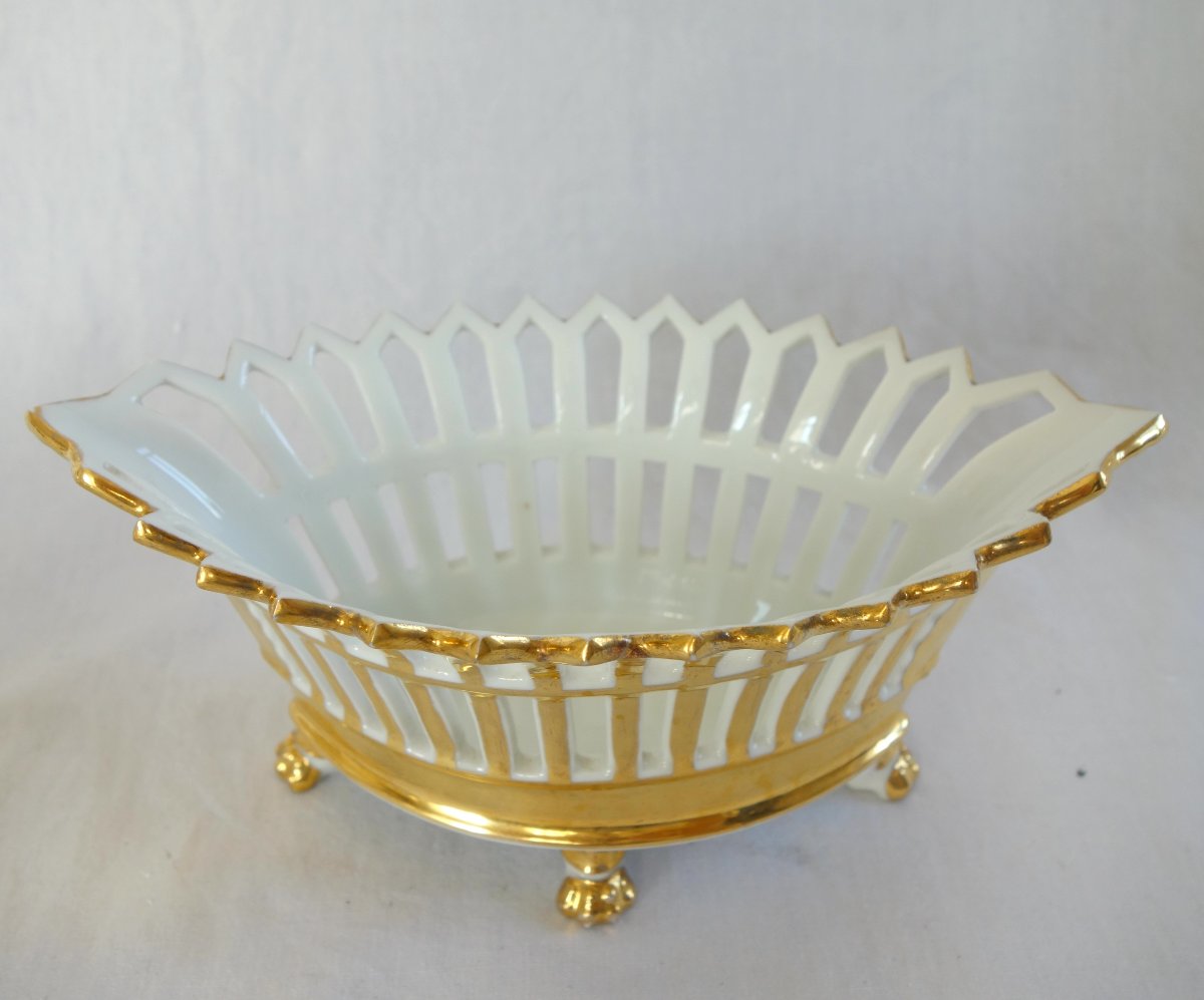 Openwork, Teardrop-shaped Bowl, Paris Porcelain Gilded With Gold, Empire/restoration Period-photo-1