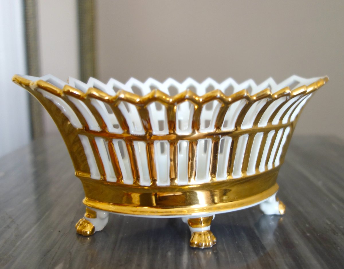 Openwork, Teardrop-shaped Bowl, Paris Porcelain Gilded With Gold, Empire/restoration Period-photo-8