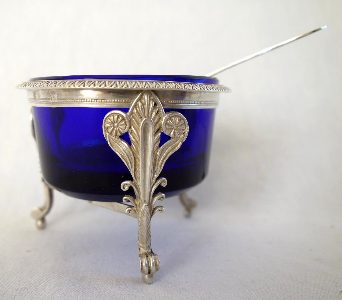 Pair Of Empire-style Salt Cellars In Solid Silver And Blue Crystal—marked With The 2nd Rooster Hallmark-photo-4