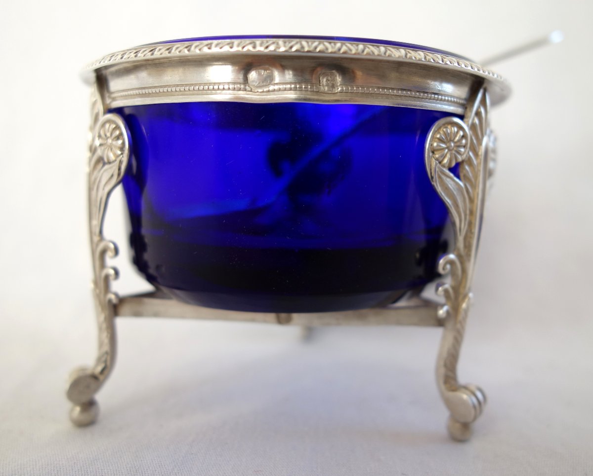 Pair Of Empire-style Salt Cellars In Solid Silver And Blue Crystal—marked With The 2nd Rooster Hallmark-photo-1